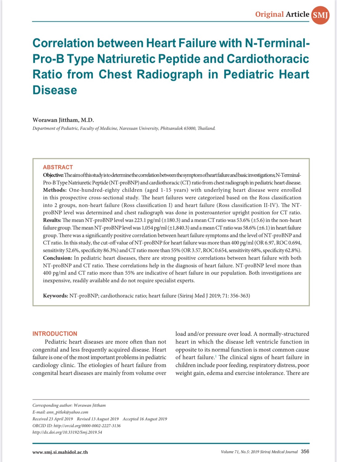 ความสัมพันธ์ระหว่างภาวะหัวใจล้มเหลวกับระดับ NT-proBNP ในเลือดและอัตราส่วนของ Cardiothoracic ratio ภาพรังสีปอดในผู้ป่วยเด็กโรคหัวใจ