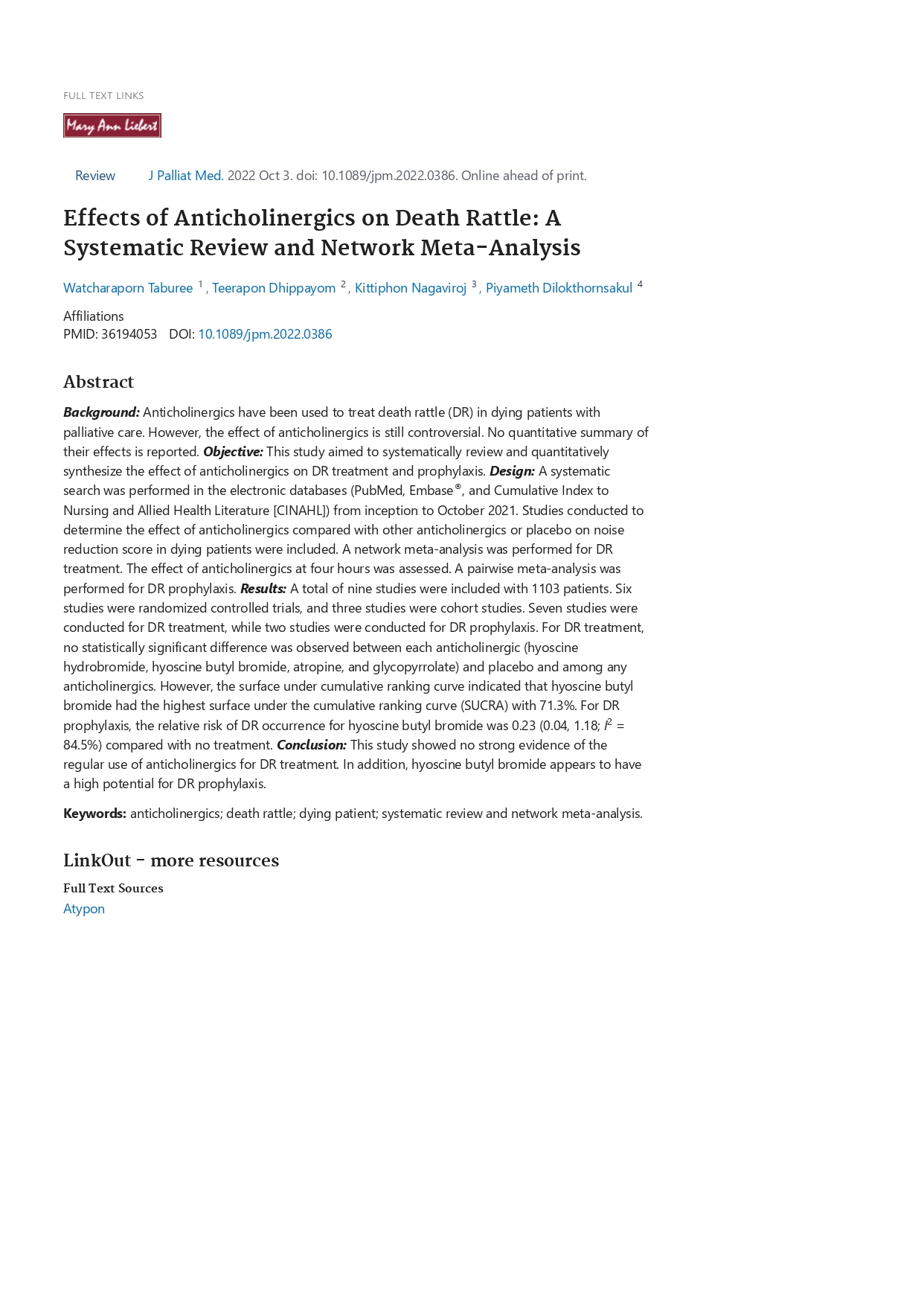 Effects of Anticholinergics on Death Rattle: A Systematic Review and Network Meta-Analysis