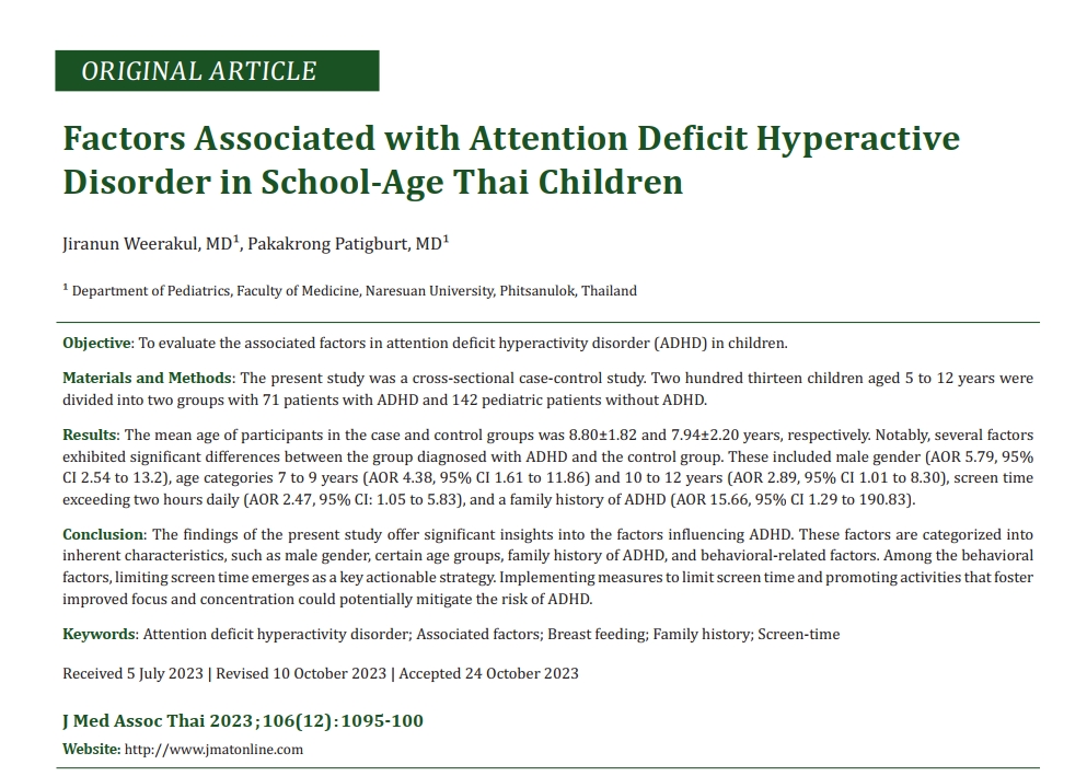 Factors Associated with Attention Deficit Hyperactive Disorder in School-Age Thai Children