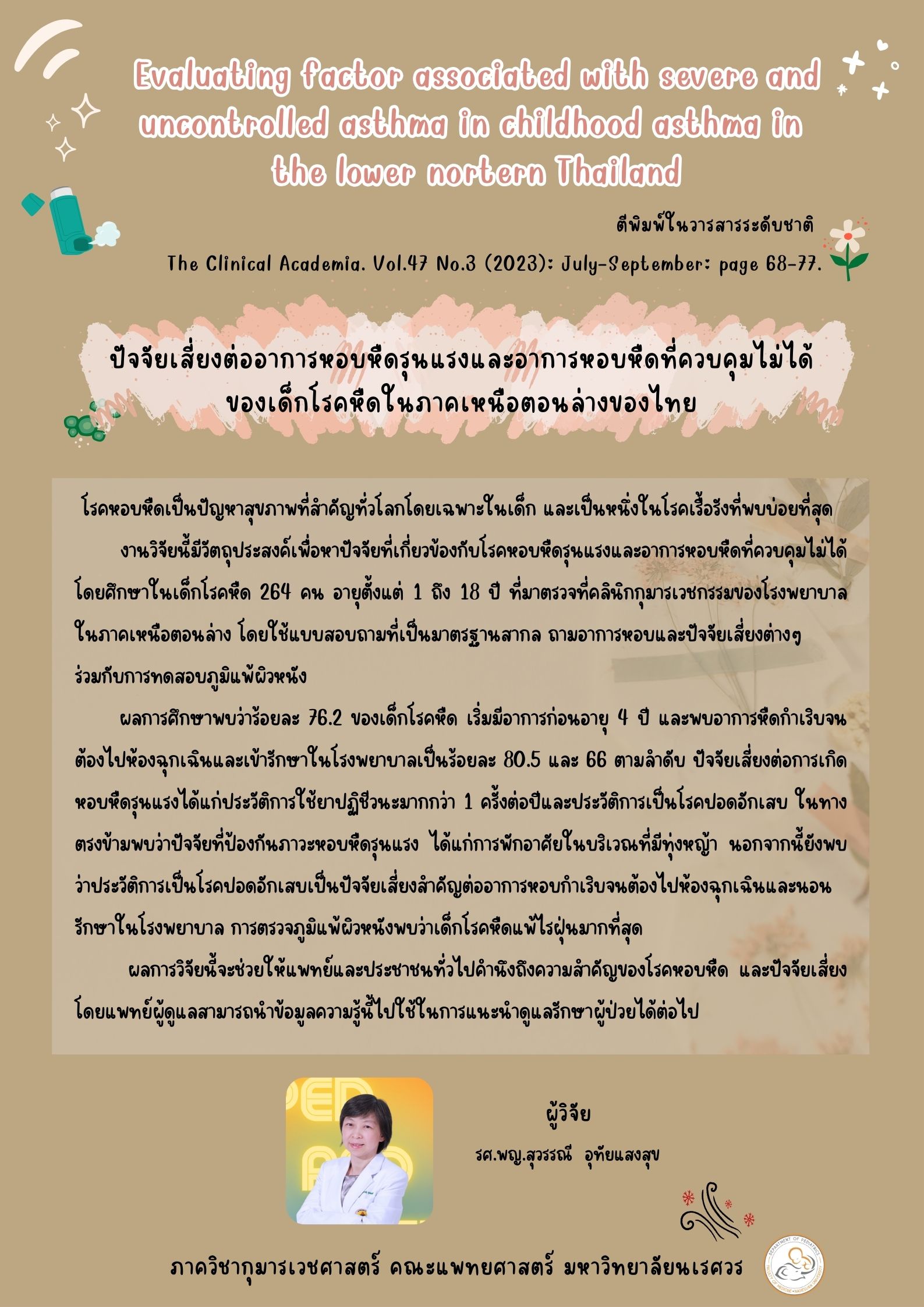 ปัจจัยเสี่ยงต่ออาการหอบหืดรุนแรงและอาการหอบหืดที่ควบคุมไม่ได้ของเด็กโรคหืดในภาคเหนือตอนล่างของไทย
